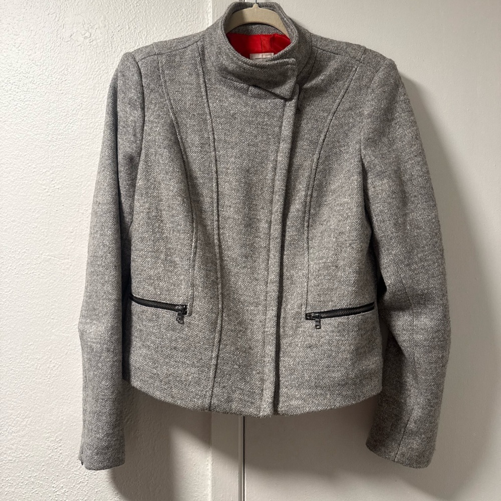 Gap Gray Wool-Blend Stand Collar Jacket With Red … - image 1